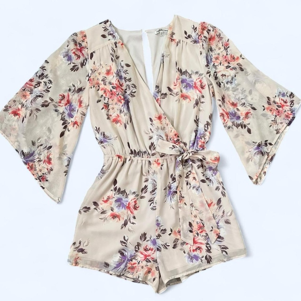 Charlotte Russe Size XS Baby Light Pink Purple Cream Floral Deep V Romper Shorts